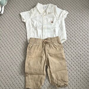 Baby Gap cotton/linen short sleeve and pants set white and tan 3-6 month size